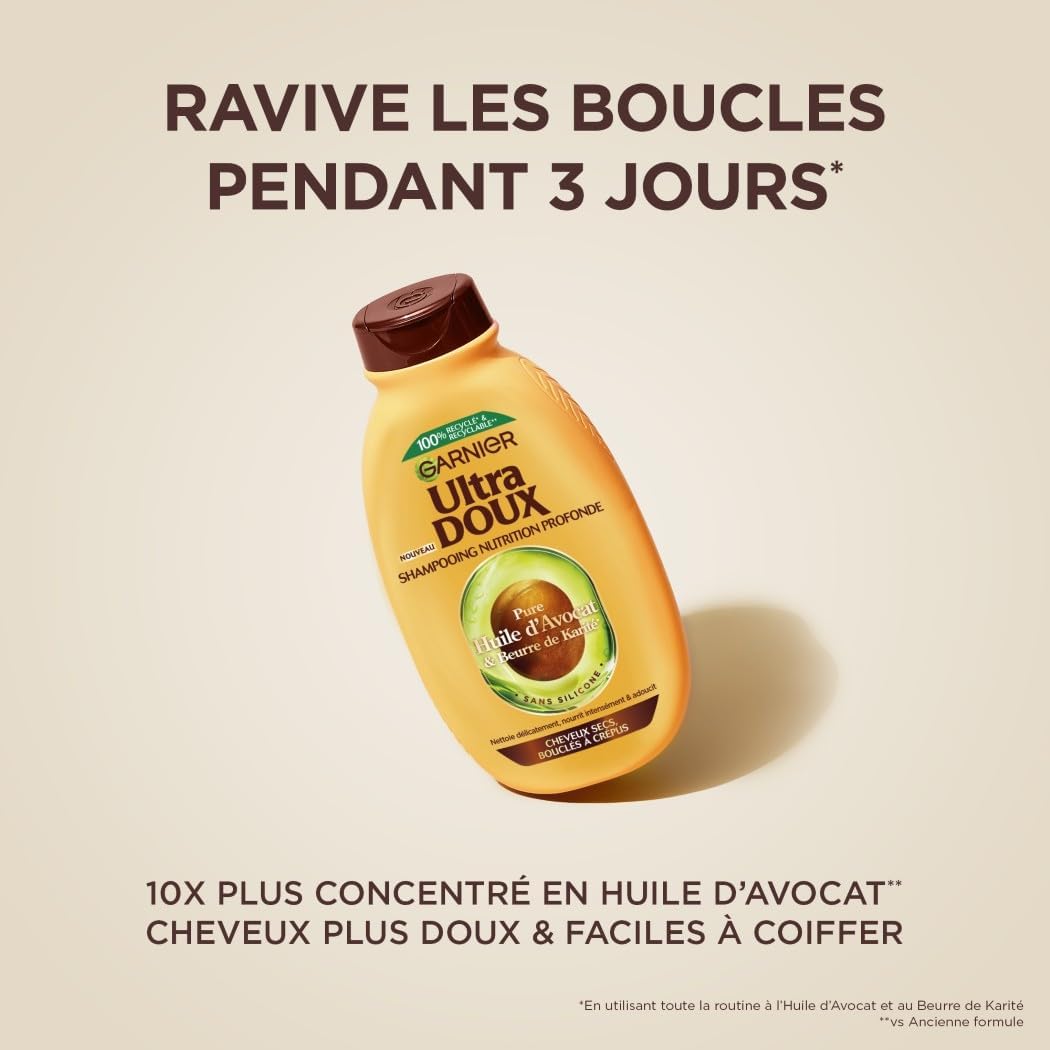 Ultra Doux - Shampooing pour Cheveux Secs, Bouclés à Crépus - À l'Huile d'Avocat et Beurre de Karité - Texture Crémeuse et Onctueuse - 400 ml - Homme & Femme Shampooing - 400ml