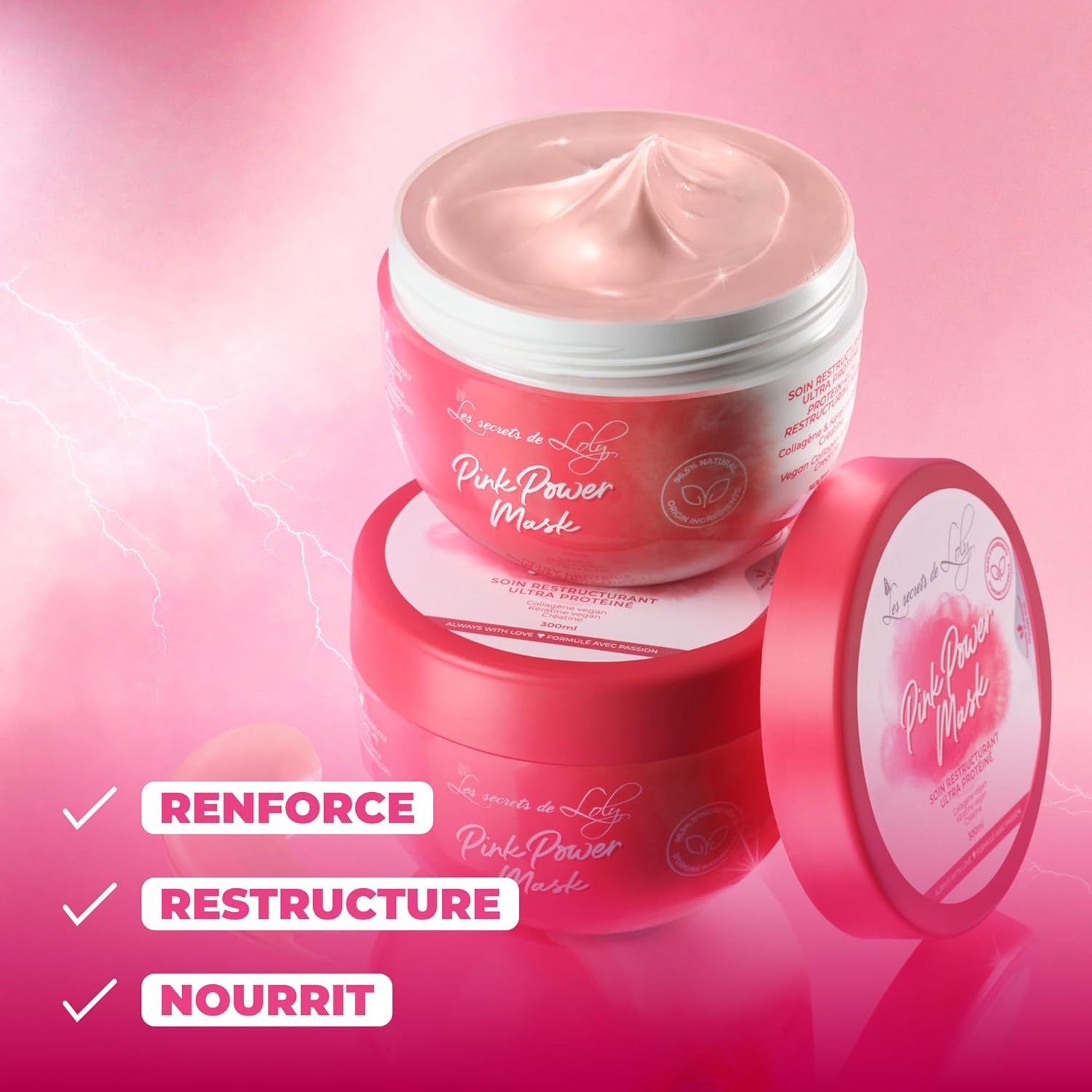 Pink Power Mask – Masque restructurant Cheveux abîmés, renforce & réduit la casse – Cheveux ondulés, bouclés, frisés et crépus – Avec protéines végétales – 300 ml