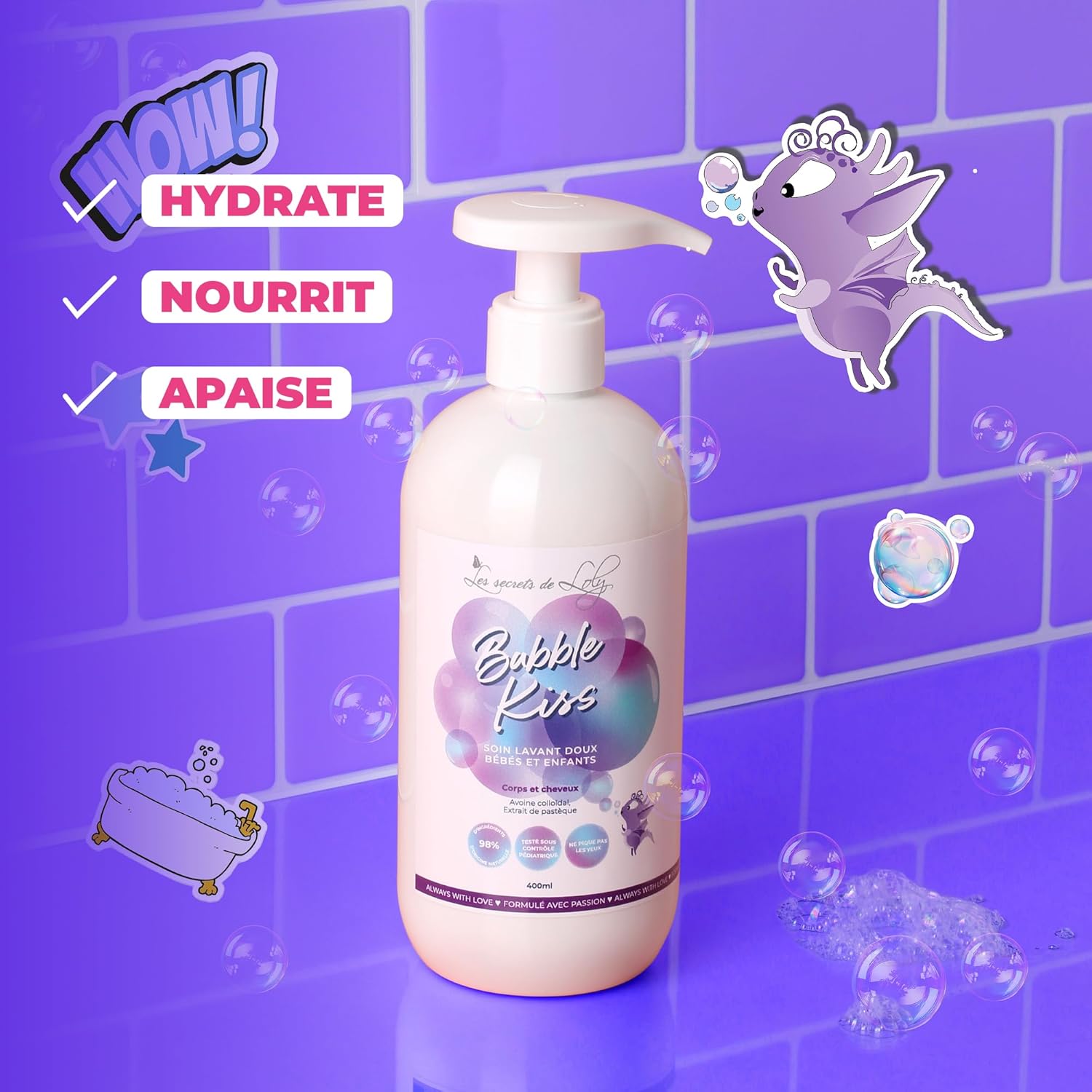 Bubble Kiss – Soin lavant bébé 2-en-1 corps & cheveux Ultra-doux – Peaux sensibles & cheveux texturés (dès la naissance) – 98% d'origine naturelle – 400 ml