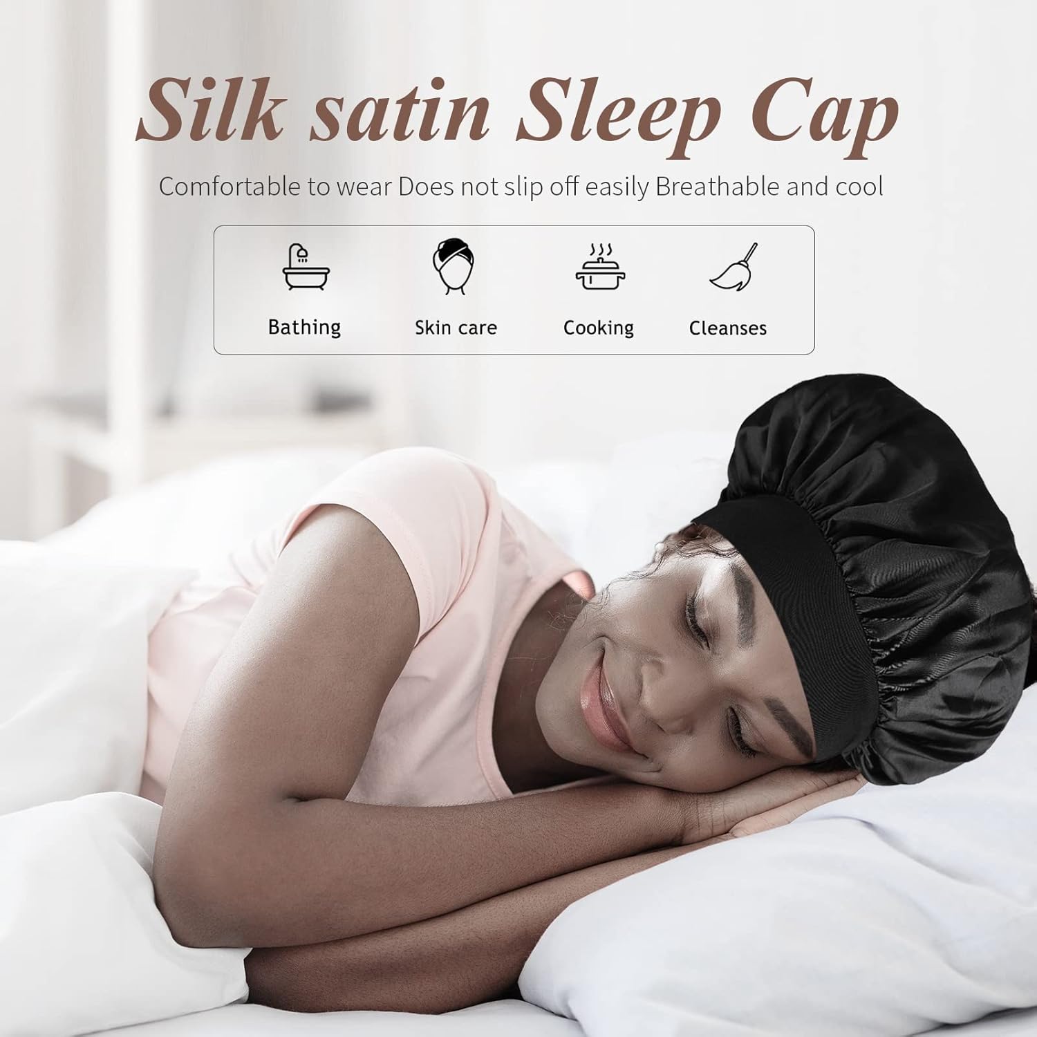 SWEET VIEW Bonnet de Soie Doux et Confortable pour Dormir, Noir, Bleu Paon Noir,Bleu Paon