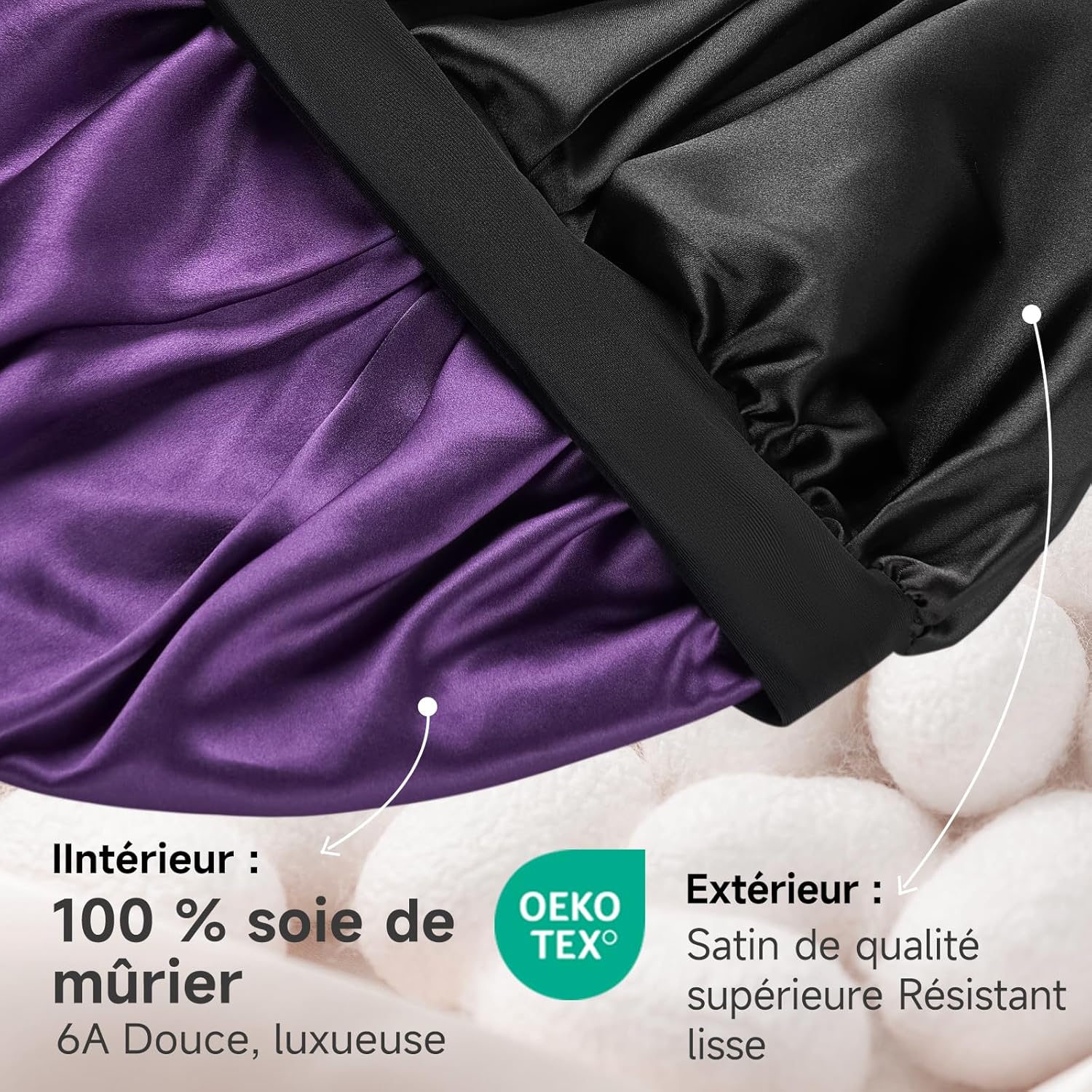 Bonnet Soie Cheveux Nuit avec Doublure Soie de mûrier 22 Momme – Double Couche, Grande Taille pour Cheveux Longs ou bouclés, Bande Large réglable, Ultra-Doux, Noir+Violet