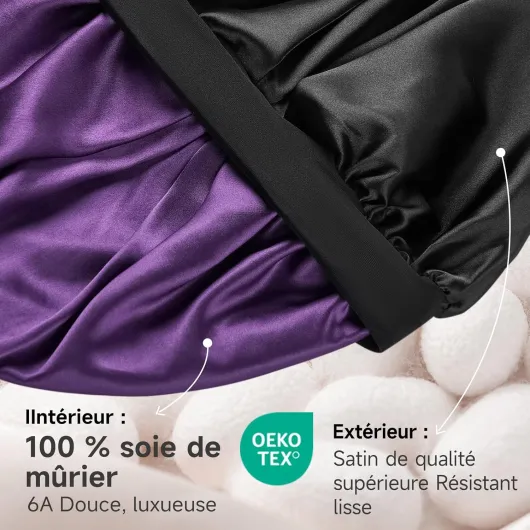 Bonnet Soie Cheveux Nuit avec Doublure Soie de mûrier 22 Momme – Double Couche, Grande Taille pour Cheveux Longs ou bouclés, Bande Large réglable, Ultra-Doux, Noir+Violet