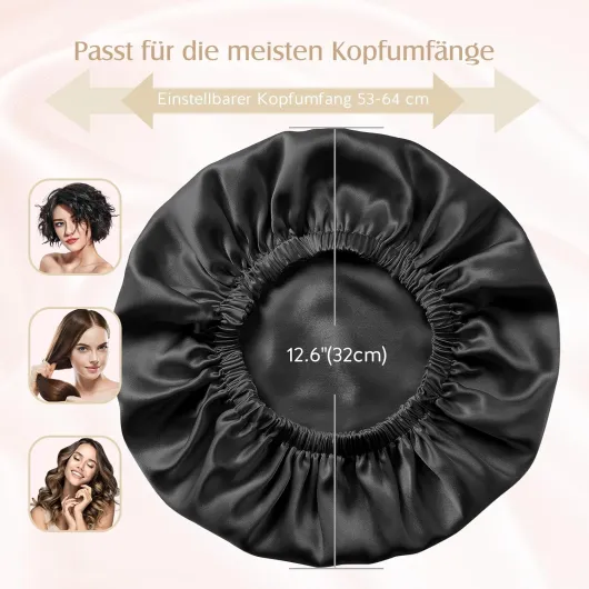 Bonnet de Nuit en Soie 22 Momme - 100% Soie de mûrier - Double Bonnet en Soie pour Cheveux bouclés - Respirant et Ajustable - Élastique de Fixation Noir