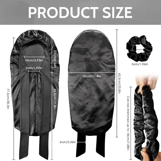 Bonnet Long en Satin pour Fille,Bonnet de Nuit en Soie Réglable, Bonnet de Nuit Satin pour Long Bouclés pour Femme Noir