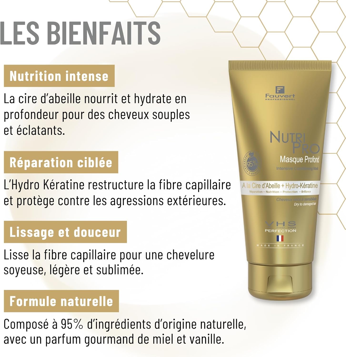 Professionnel Masque Profond Nutrition Intense VHS – Cire d’Abeille + Hydro-Kératine – Masque Réparateur et Nourrissant pour Cheveux Secs à Sensibilisés – Fabriqué en France – 250 ml