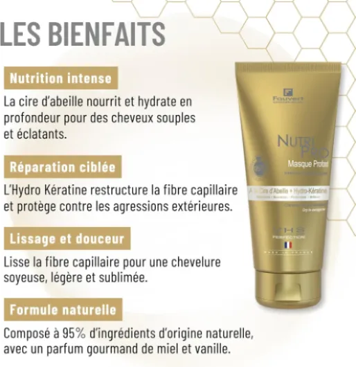 Professionnel Masque Profond Nutrition Intense VHS – Cire d’Abeille + Hydro-Kératine – Masque Réparateur et Nourrissant pour Cheveux Secs à Sensibilisés – Fabriqué en France – 250 ml