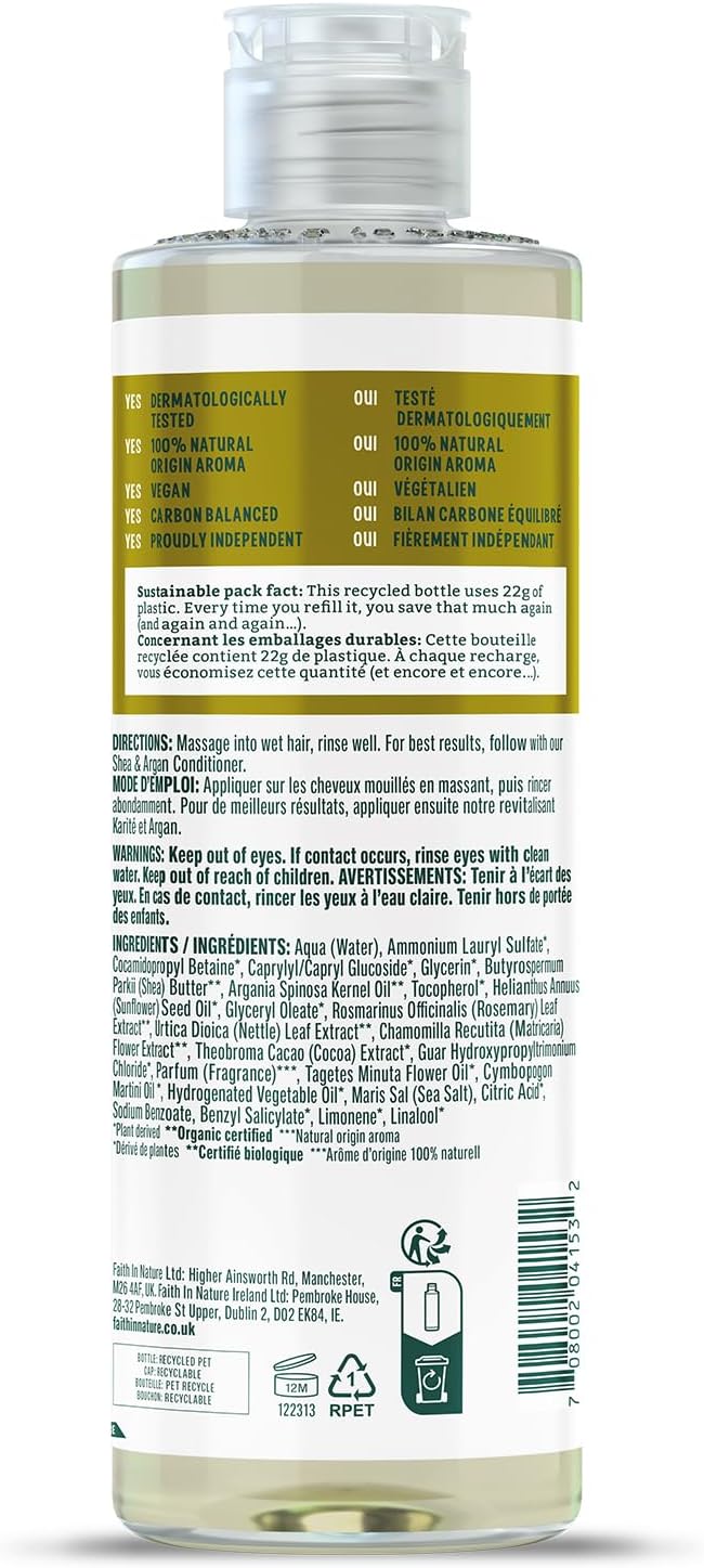 Shampooing Naturel au Karité et à l’Argan, Hydratant pour Cheveux Bouclés et Cuir Chevelu Sec, Végan et Non Testé sur les Animaux, Sans SLS, Silicones ni Parabènes, 400 ml