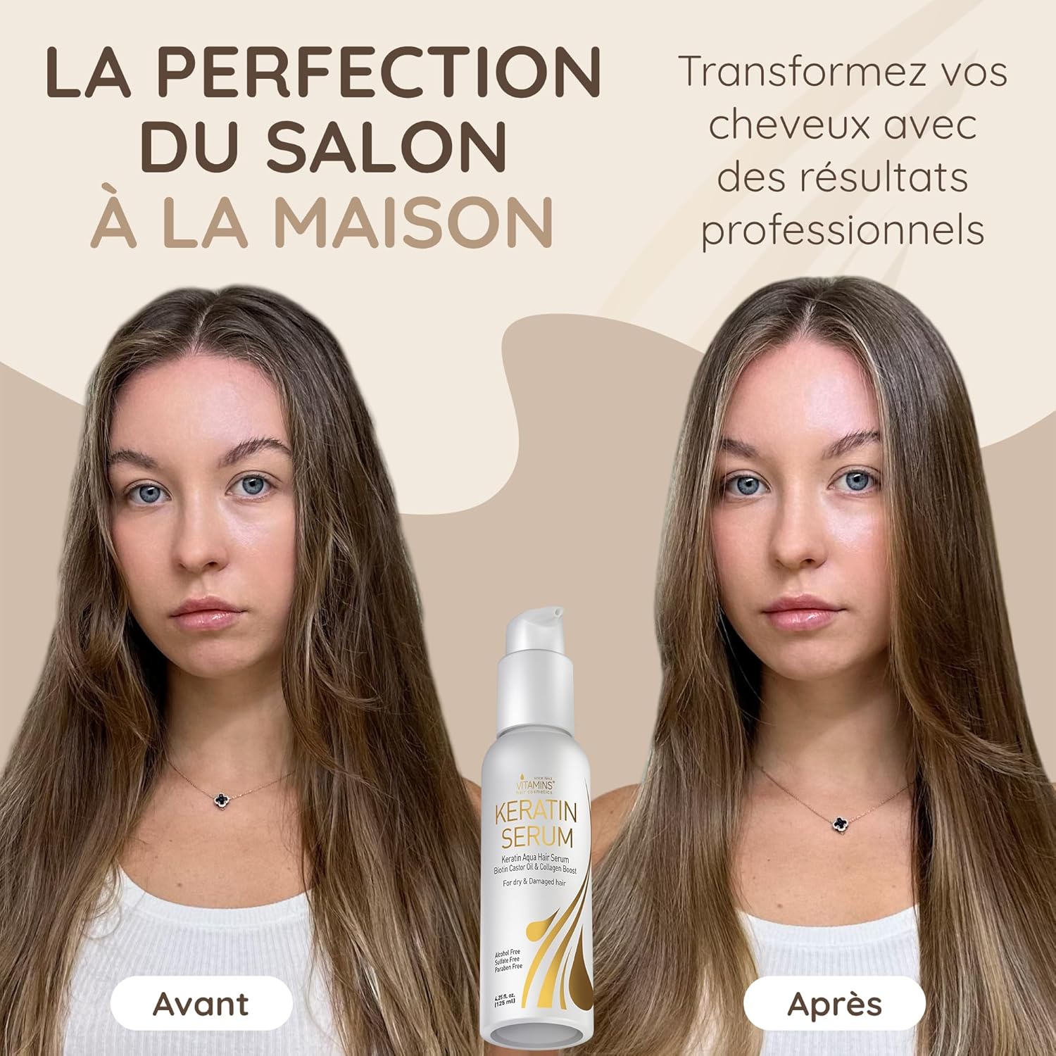 Vitamins Sérum Kératine Cheveux Secs et Abîmés - Soin Proteine Fortifiant à Huile de Castor, Biotine et Collagene - Thermoprotecteur Anti Frisottis Protection Chaleur 125 ml (Lot de 1)